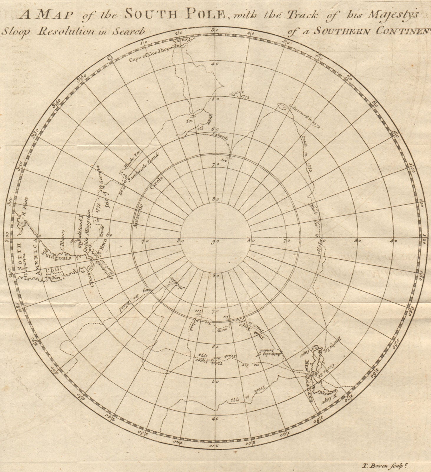 The South Pole with the track of HMS Resolution. Cook. Antarctic. BOWEN 1776 map